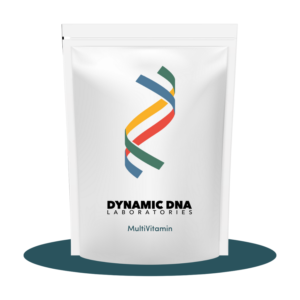 A pouch of Dynamic DNA Laboratories MultiVitamin supplement with a colorful DNA logo on the front.