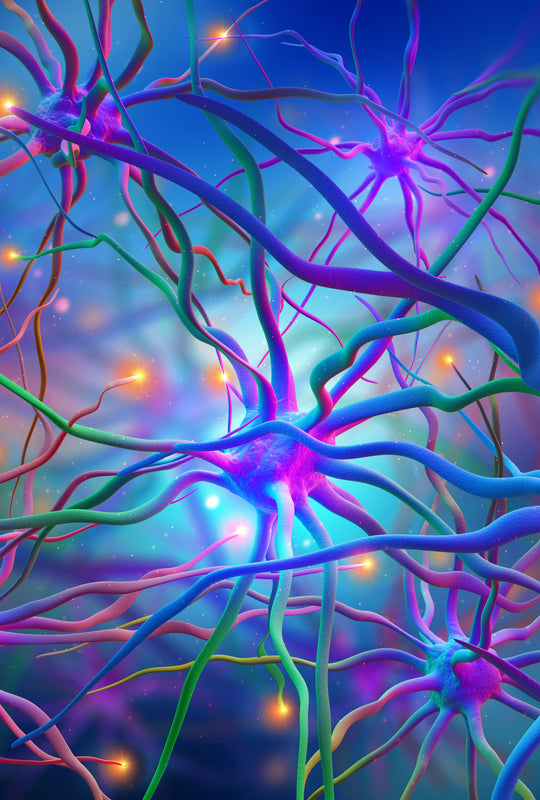 Colorful illustration of neural network with interconnecting neurons on a dark blue background