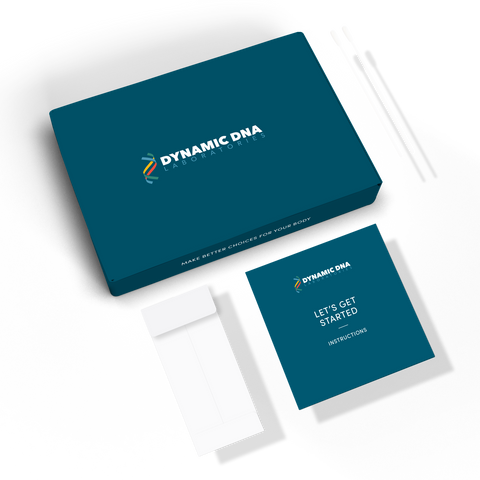 A DNA test kit from Dynamic DNA with a box and cheek swab instructions, predominantly in teal and white colors.